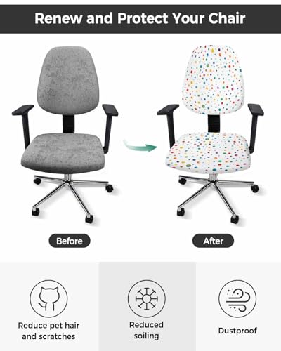 Colorful Polka Dot Office Chair Cover Stretchable Computer Chair Seat Cover Backrest Slipcovers, Stretchable Rotating Desk Chair Seat Cushion Split Protectors Watercolor Polka Dots White