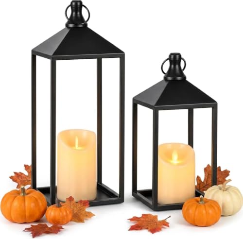2 Pcs Black Decorative Metal Lanterns Farmhouse Lantern Decor with Candles
