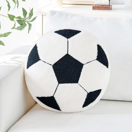 Soccer Pillow,12" Soccer Plush Pillow Decorative Throw Pillow Floor Cushion Seating Cushion,Round Soccer Ball Throw Pillow for Sofa Couch Living Room (Black)