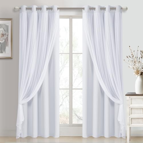 DWCN White Blackout Curtains with Sheer Overlay Thermal Insulated Mix & Match Double Layer Window Panels for Bedroom Living Room Drape Sewn with Tiebacks Grommet Top 52" Wx84 Lx2