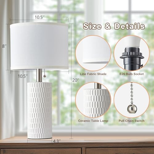 20" Modern Ceramic Table Lamps for Bedroom Set of 2, Small Table Lamps for Night Stands, Living Room, Home Office and Hallways, White