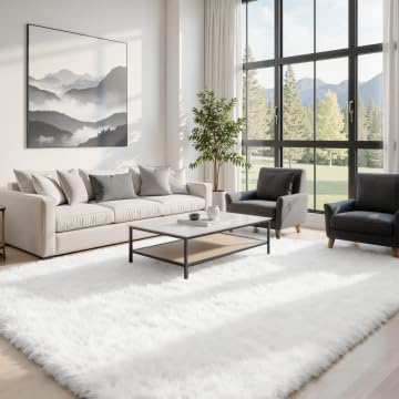 6x9 Fluffy Shag Area Rugs for Living Room Bedroom: Soft Plush Carpet White