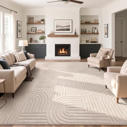 SHACOS Soft Cozy Fluffy Arch Pattern High-Low Pile Area Rugs 8'x10' Large Non Slip Washable Modern Geometric Rug Scandinavian Minimalist Carpet for Living Room Bedroom Dining Room, Beige