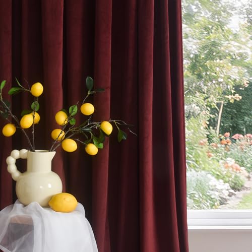 Roslynwood Velvet Ruby Wine Curtain 96 inch Long - Curtains Block Light Rod Pocket Thermal Insulated Window Drapes Set for Living Room/Bedroom/Dining Room, W52 x L96, 2 Panels
