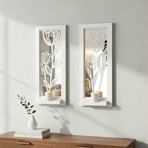 ZEXUIRU 2 Set Rustic Candle Sconces Living Room Bedroom Entryway Wood Mirrored, Farmhouse, Carved Frame Wall-Mount Wooden Candle Holders Wall Decor Hanging Handmade Holder - Distressed White