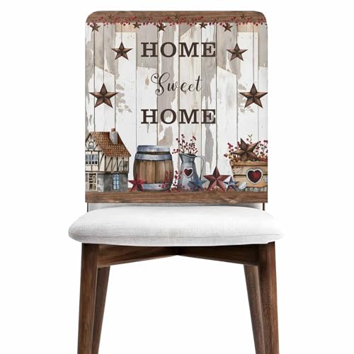 Sweet Home Country Star Dining Chair Cover Set of 4,Removable Chair Back Covers Retro Farm Gray Brown Wood Grain Washable Kitchen Chairs Slipcover for Home Dining Room Office Hotel