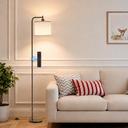 Floor Lamp with Linen Shade, Dimmable Tall Standing Lamp with Remote Control & 3 Color Temperatures, Modern Corner Floor Lamps for Living Room Bedroom Office, 9W LED Bulb Included