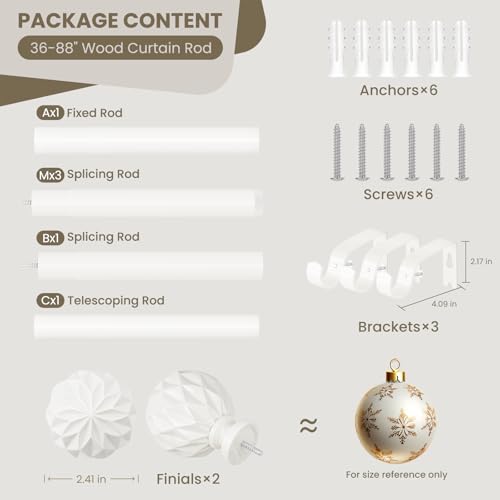 TKZTKZ White Curtain Rods for Windows 36 to 88:Boho Wooden Curtain Rod for Bedroom Livingroom Farmhouse 1 Inch Heavy Duty Adjustable Curtain Rod with Imitation Wood Grain Easy Install,Antique White