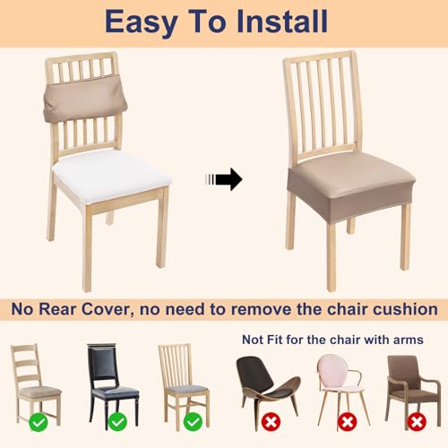 Smiry Waterproof Pu Leather Seat Covers for Dining Room Chairs Set of 4, Stretch Fit Removable Washable Kitchen Chair Seat Slipcovers Protector, No Rear Covers, Khaki