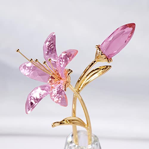 YWHL Crystal Lily Flower Figurine with Vase, Handmade Pink Glass Lily Flower Gifts for Woman, Wedding Gifts for Couple, Home Party Decorations (Pink)