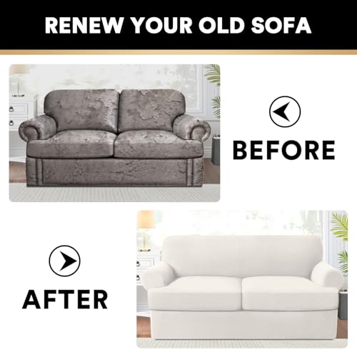 PrinceDeco T Cushion Loveseat Slipcover - 3 Pieces Sofa Cover for 2 Cushion Couch with 2 Individual T Shape Seat Covers Width Up to 76 Inch - Stretch, Machine Washable, Porcelain