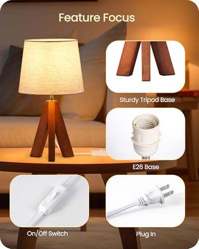 Small Bedside Lamp, 14.6" Small Table Lamp with Beige Linen Shade & Brown Wood Base, Mid Century Modern Lamp for Hoom Decor, Tripod Table Lamp for Bedroom, Living Room, E26 Socket, LE51TL05