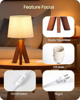 Small Bedside Lamp, 14.6" Small Table Lamp with Beige Linen Shade & Brown Wood Base, Mid Century Modern Lamp for Hoom Decor, Tripod Table Lamp for Bedroom, Living Room, E26 Socket, LE51TL05