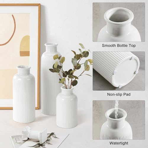 Small White Ceramic Vase Set of 3, Boho Modern White Flower Vase Room Decor, Farmhouse Decor, Vases for Your Kitchen, Bathroom, Bedroom, Living Room, Office&Shelf Centerpiece Table Decorations