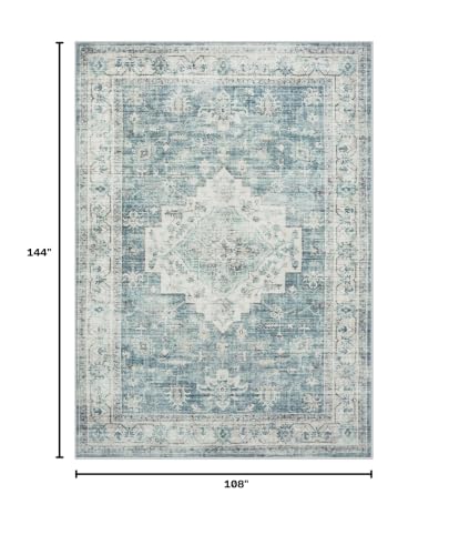 LIVEBOX Washable Area Rug 9x12 Rugs for Living Room Bedroom, Non-Slip Boho Indoor Carpet for Dining Room Office, Low-Pile Farmhouse Soft Carpets for Kids Nursery Room Playroom, Blue
