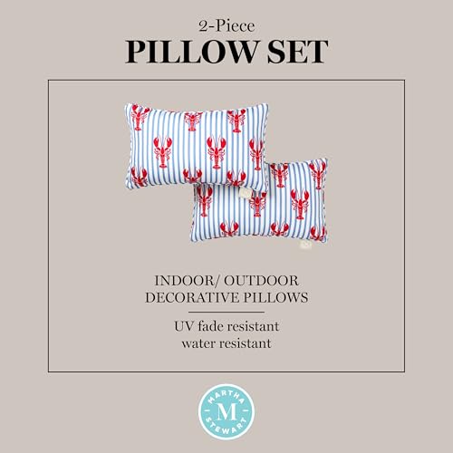 Martha Stewart Americana Stripe Lobster Indoor Outdoor Decorative Pillow 2-Pack Set, UV Fade Resistant, Water Repellent, Printed Coastal Design, Red/Blue, 11"x18"
