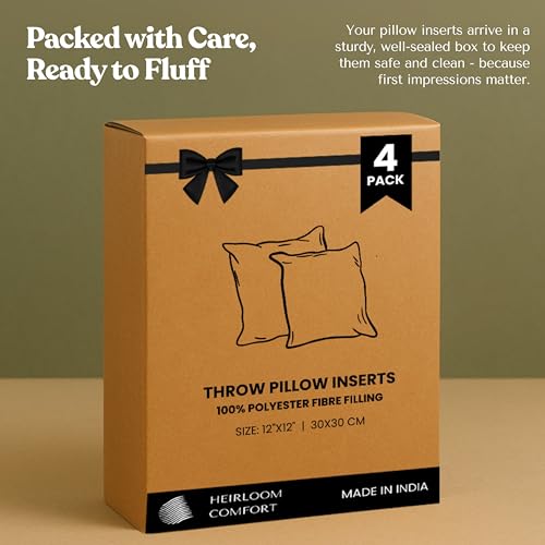 Square Throw Pillow Inserts (Pack of 4, 12"x12", White, Polyester) - Fluffy Decorative Cushion Fillers for Couch, Bed & Chair - Perfect for Styling, Back Support & Everyday Comfort