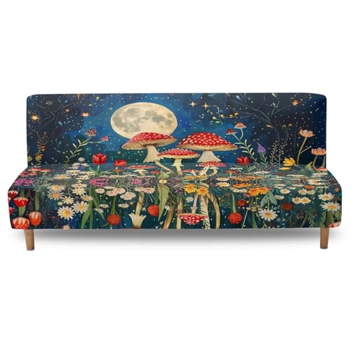 Mushroom Starry Night Futon Covers, Armless Sofa Covers, Stretch Sofa Bed Cover, Washable Futon Slipcover Furniture Protector for Kids, Pets, Dog and Cat