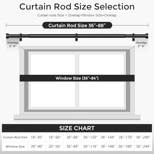 VOIIY Curtain Rods for Windows 48 to 84 Inch(4-7 Feet),Black 1'' Diameter Drapery Rods with End Cap Style Design,Modern Adjustable Heavy Duty Curtain Rod,Size:36''-88''