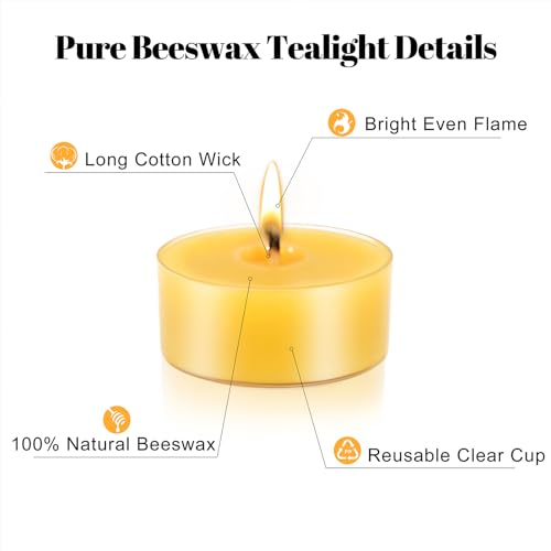 48 Packs Beeswax Tealight Candles, 100% Pure Beeswax Candles | 4-Hour Extended Burn Time | Natural Beeswax Tea Candle in Clear Cup, Perfect for Home Decor,Air Purification,Fragrance