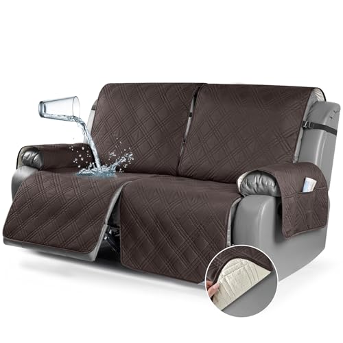 TAOCOCO 100% Waterproof Oversized Loveseat Recliner Cover, Non Slip Split Couch Covers for Reclining Loveseat with Elastic Straps for Kids Pets(Oversized 2 Seater, Chocolate)