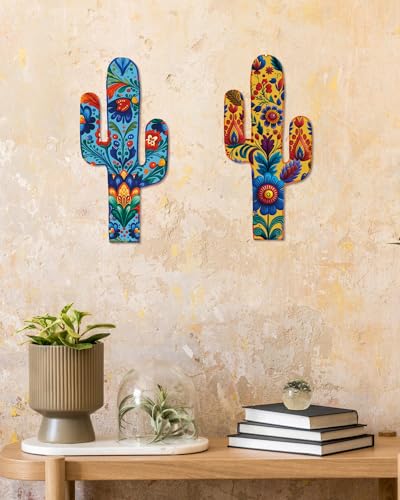 Putuo Decor Aztec Cactus Wall Decor Set of 2, Western Wooden Home Decor, Farmhouse Rome Decor Mexican Wall Art for Living Room, Bedroom, Kitchen, Office