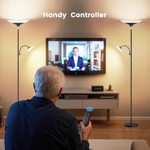 Upgraded 2-in-1 Torchiere Floor Lamp, Dimmable Standing Lamp with Remote&Button Control, 34W Brightness Adjustable Floor Reading Light, Black Modern Corner Lamp for Living Room Bedroom Office