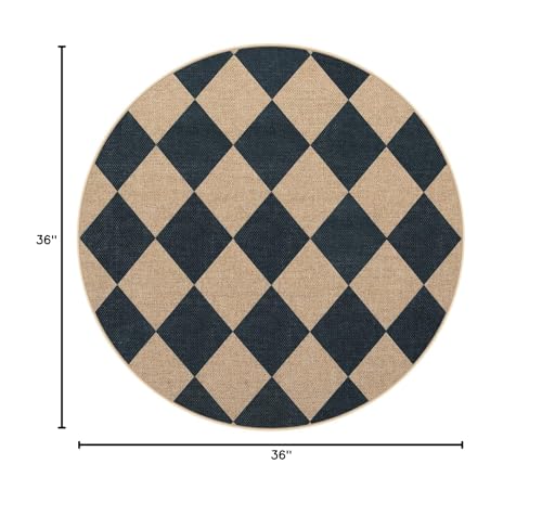 Lahome Checkered Easy Jute Round Rug 3ft, Outdoor Entryway Rug Washable