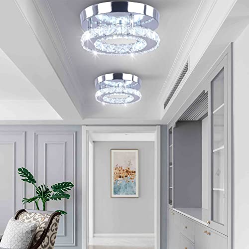 7.9" K9 Crystal LED Chandelier Flush Mount Ceiling Light, Cool White | K9 crystal 7.9“ in low-profile flush mount cool white LED for hallway foyer closet bedroom indoor hardwired