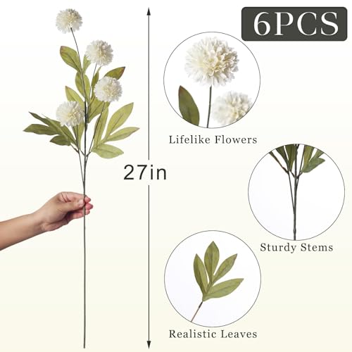 VIERENA 6 Pcs Faux Silk Pompon Mum Artificial Flowers for Vase -27", Bulk Fake Chrysanth Branches with Stems for DIY Bouquet Centerpieces Wedding Fillers Arrangements Shower Decorations (Cream)