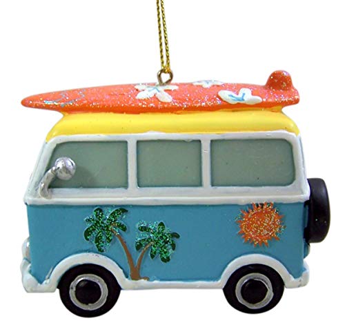Tropical Beach Theme Hippy Van with Surfboard Hanging Christmas Tree Ornament, 3 1/2 Inch