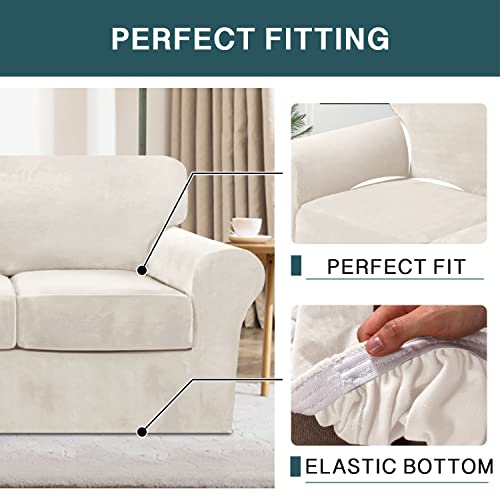 FantasDecor 4 Piece Sofa Velvet Couch Covers for 3 Cushion Stretch Slipcover with Individual Seat Cushion Elastic Furniture Protector for Pets, Machine Washable (Sofa, Ivory)