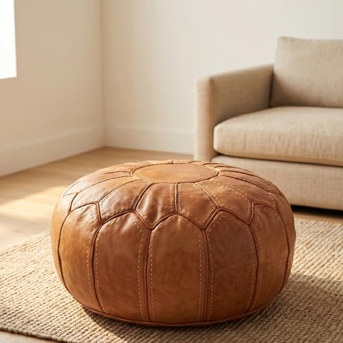 Moroccan Handmade Leather Pouf Ottoman — Round Genuine Leather Footstool, Hand-Stitched Unstuffed Pouf Cover for Living Room, Bedroom & Nursery (Cognac Brown)