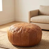 Moroccan Handmade Leather Pouf Ottoman — Round Genuine Leather Footstool, Hand-Stitched Unstuffed Pouf Cover for Living Room, Bedroom & Nursery (Cognac Brown)