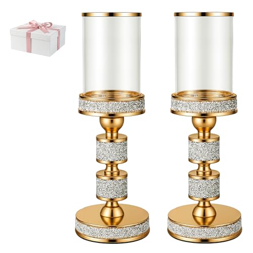 Hurricane Candle Holder, 13.5" Tall Metal Candle Stand, Glass Pillar Candle Holders, Crystal Gold Decorative Centerpieces for Table, Wedding and Dining Room (Fits Candles up to 3"x5", 2pcs, M)