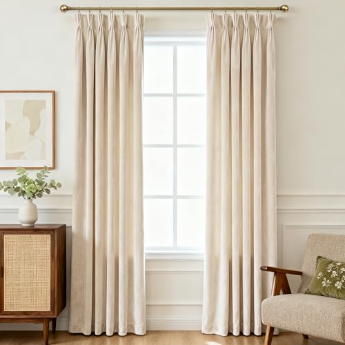 Triple Pinch Pleated Cream Velvet Curtains 84 inches Long Living Room Darkening Curtain Neutral Modern Farmhouse French Pinch Pleat Drapery Panel Heavy Thick Light Filtering Velvet Curtain for Bedroom