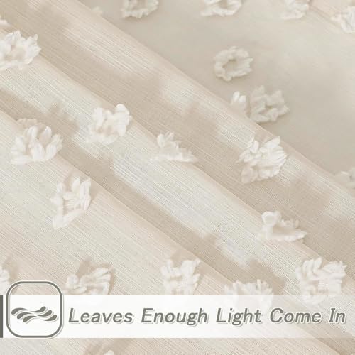 MYSKY HOME Beige Sheer Curtains for Bedroom Living Room with Pom Pom 84 Inches Long Light Filtering Cream Boho Drapes for Girls Nursery Kids Room Window, Rod Pocket, 52" Wide, 2 Panels