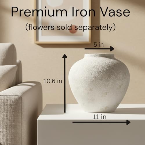 White Rustic Large Round Vase for Table Centerpieces 11 inches, Arina Vase, Earthy Stone Look, Textured, Modern Homes Farmhouse Centerpiece Decor