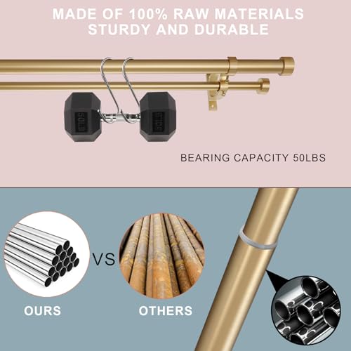 Double Blackout Curtain Rods 36 to 72 Inches (3-6 Feet),1-Inches Front and 5/8 Inches Back Adjustable End Cap Double Window Drapery Rod for Drapes and Curtains,Warm Gold