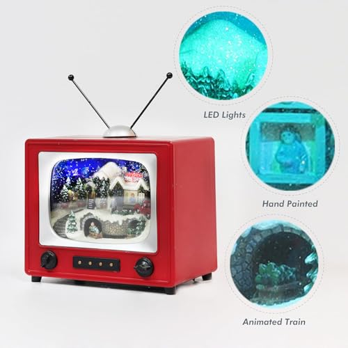 MOMENTS IN TIME 6" H Red Retro TV with Mountain Scene (Animated Train) - LED Lights - 8 Classic Carols Christmas Music - Battery Operated - Hand-Painted Resin Polyresin Injection Plastic