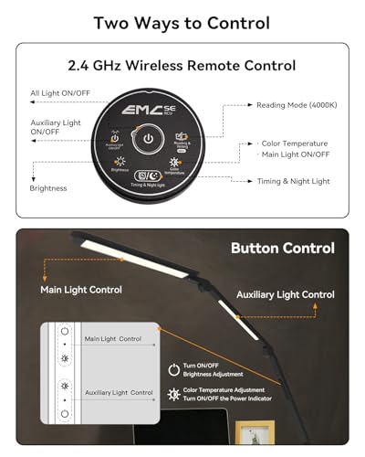 LED Desk Lamp with Clamp, Architect Desk Lamp with Remote, Flexible Swing Arm Desk Light with Dual LED Light, Stepless Dimming, 5 Color Mode & 4 Brightness for Sewing Painting Drafting Crafting