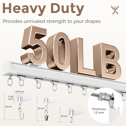 Ceiling Curtain Track 6–9 ft White - Heavy Duty Ceiling/Wall Mount Curtain Rail/Rod System, 30 Quiet-Glide Rollers, 30 Hooks, 30 Clips, Room Divider for Living Room, Bathroom or Hospital