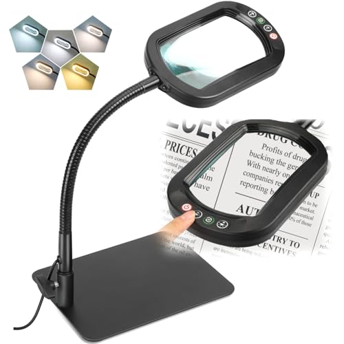 Veemagni 12X Rectangle Magnifying Glass with Light and Stand, Flexible Gooseneck LED Lighted Desk Lamp, 5 Color Modes Stepless Dimmable, Hands Free Magnifier for Reading Crafts Painting Close Work
