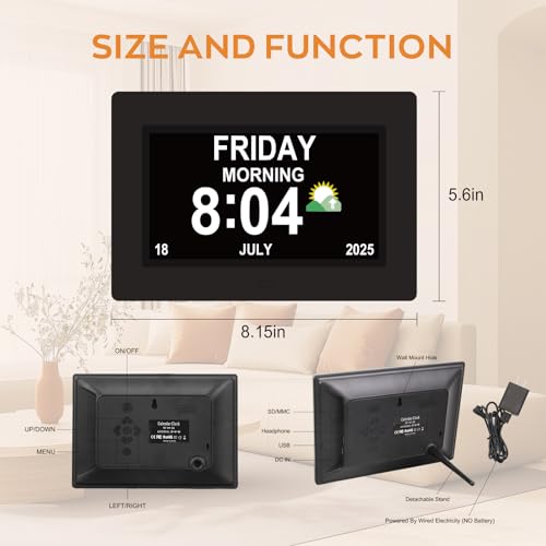 Digital Dementia Clocks for Seniors, 7 Inch, Black | Day Date Time Large Display for Poor Vision Easy Read, Medication Reminder Alarm, Spanish 10 Languages, Alzheimer Gifts