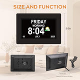 Digital Dementia Clocks for Seniors, 7 Inch, Black | Day Date Time Large Display for Poor Vision Easy Read, Medication Reminder Alarm, Spanish 10 Languages, Alzheimer Gifts