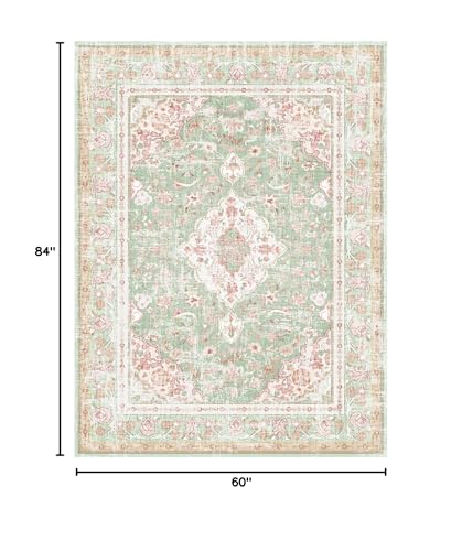 Vhong Washable Area Rugs Boho Vintage Modern Neutral Large Carpet Green and Pink High Traffic Rugs 5×7 for Dinning Room Living Room Bedroom Farmhouse Non Slip