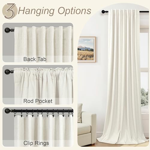 100% Blackout Curtains 84 Inch Length 2 Panels Set Neutral Boho Linen Farmhouse for Bedroom Windows Living Room Darkening Thermal Insulated Drapes Natural Cream Ivory 7ft Long Back Tab Pleated Pocket
