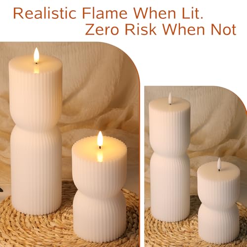 White Ribbed Flameless Pillar Candles with Remote Set of 2