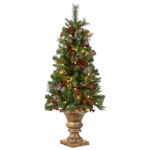 National Tree Company 4 ft Pre-Lit Crestwood Spruce Mini Artificial Christmas Entrance Tree, 100 Clear Lights, 230 Tips, Glitter, Pinecones, Red Berries, Gold Rubbed Pedestal Base, Green