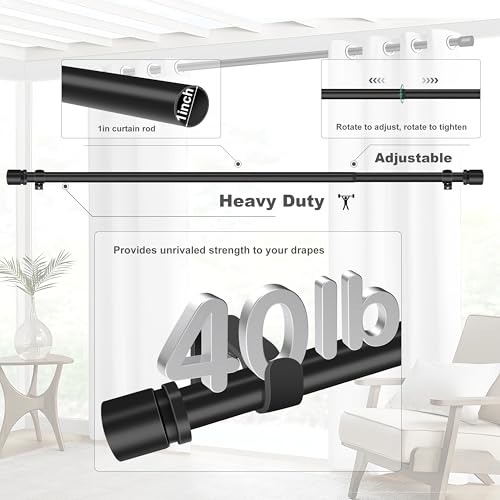 Ottsuls Curtain Rods for Windows, 32 to 60 or 71 Inches Max Adjustable Length, 1 Inch Diameter, Black Decorative Curtain Rod Set, Rustproof Heavy Duty Metal Pole with Brackets